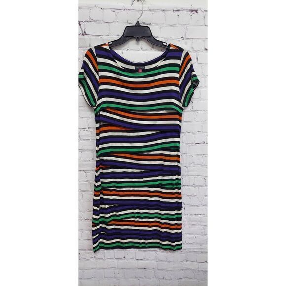 Vince Camuto Stretch Purple Orange Green Layered Look Short Sleeve Dress M - Picture 1 of 7